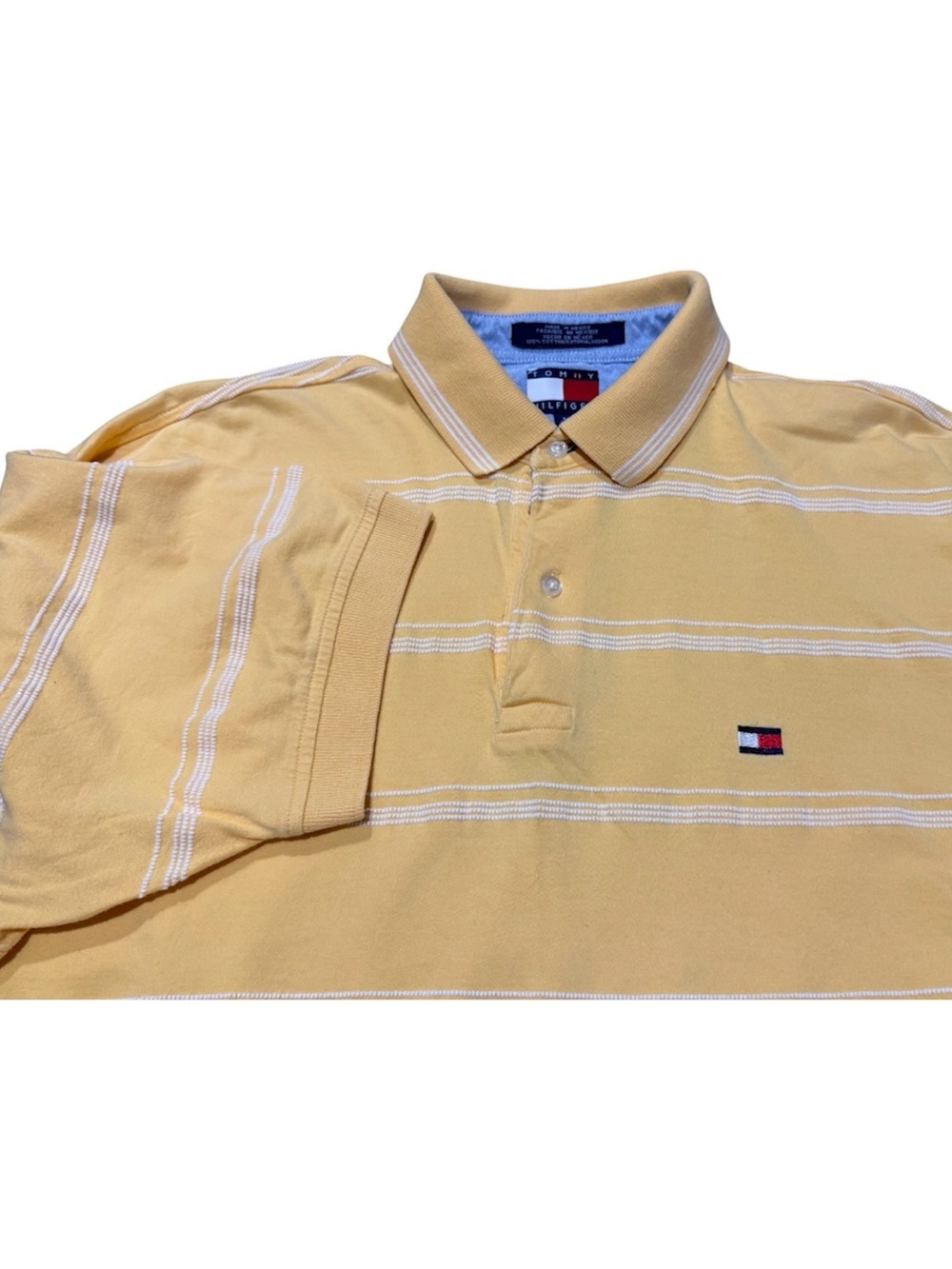 Tommy Hilfiger Y2K Polo Shirt Men's Size Medium Yellow Striped Short Sleeve